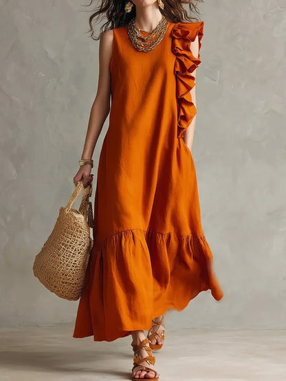 Women's Linen-Blend Asymmetrical Ruffle Maxi Dress