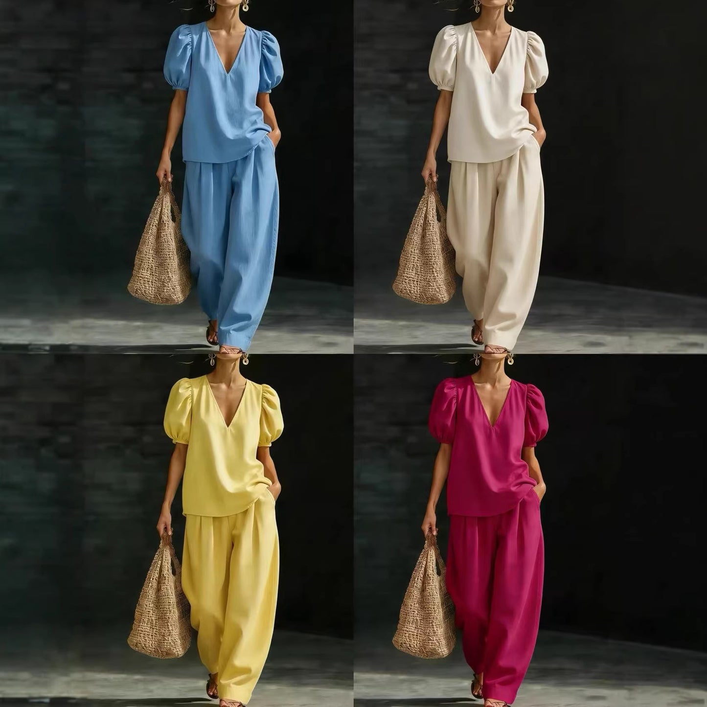 Women's Elegant V-Neck Puff Sleeve Two-Piece Wide Leg Pants Set