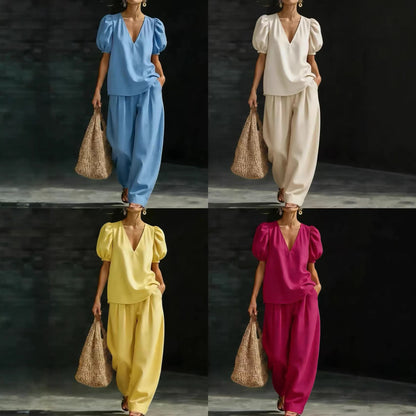 Women's Elegant V-Neck Puff Sleeve Two-Piece Wide Leg Pants Set