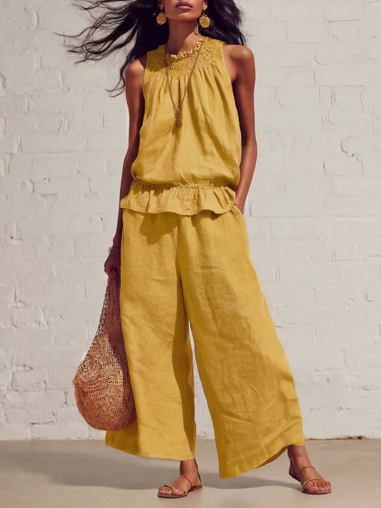 Sleeveless Smocked Linen Two-Piece Set | Ruffle Hem Wide Leg Pants Outfit