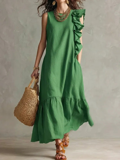 Women's Linen-Blend Asymmetrical Ruffle Maxi Dress