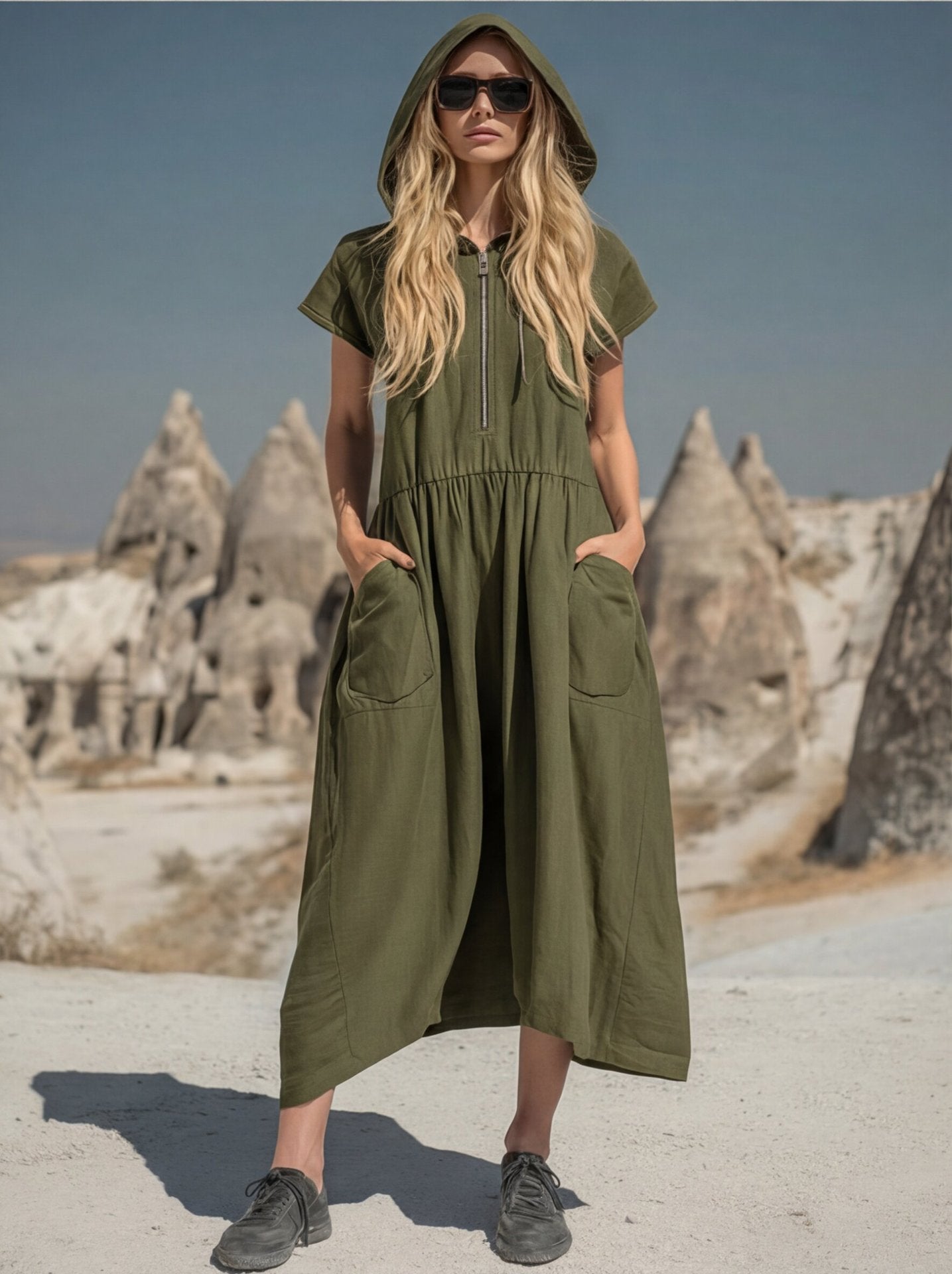 Women's Casual Hooded Midi Dress with Half-Zip & Pockets