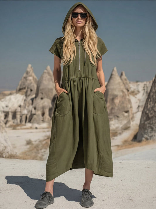Women's Casual Hooded Midi Dress with Half-Zip & Pockets