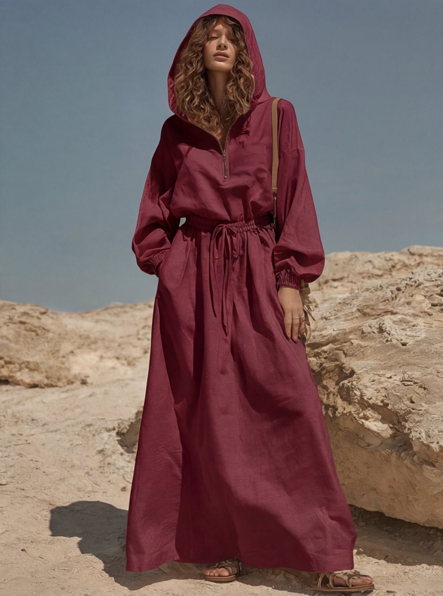 Women's Linen-Blend Hooded Maxi Dress with Half-Zip & Drawstring Waist