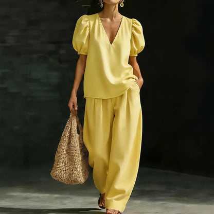 Women's Elegant V-Neck Puff Sleeve Two-Piece Wide Leg Pants Set