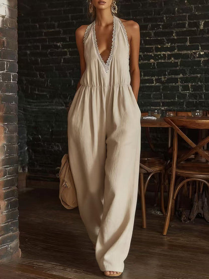 Women's Halter Neck Lace Trim Wide-Leg Jumpsuit