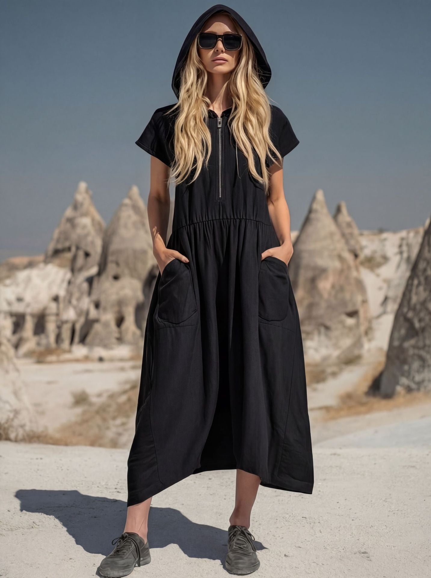 Women's Casual Hooded Midi Dress with Half-Zip & Pockets