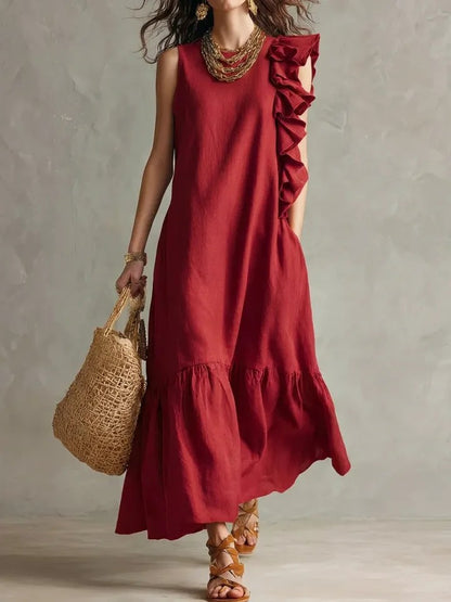 Women's Linen-Blend Asymmetrical Ruffle Maxi Dress