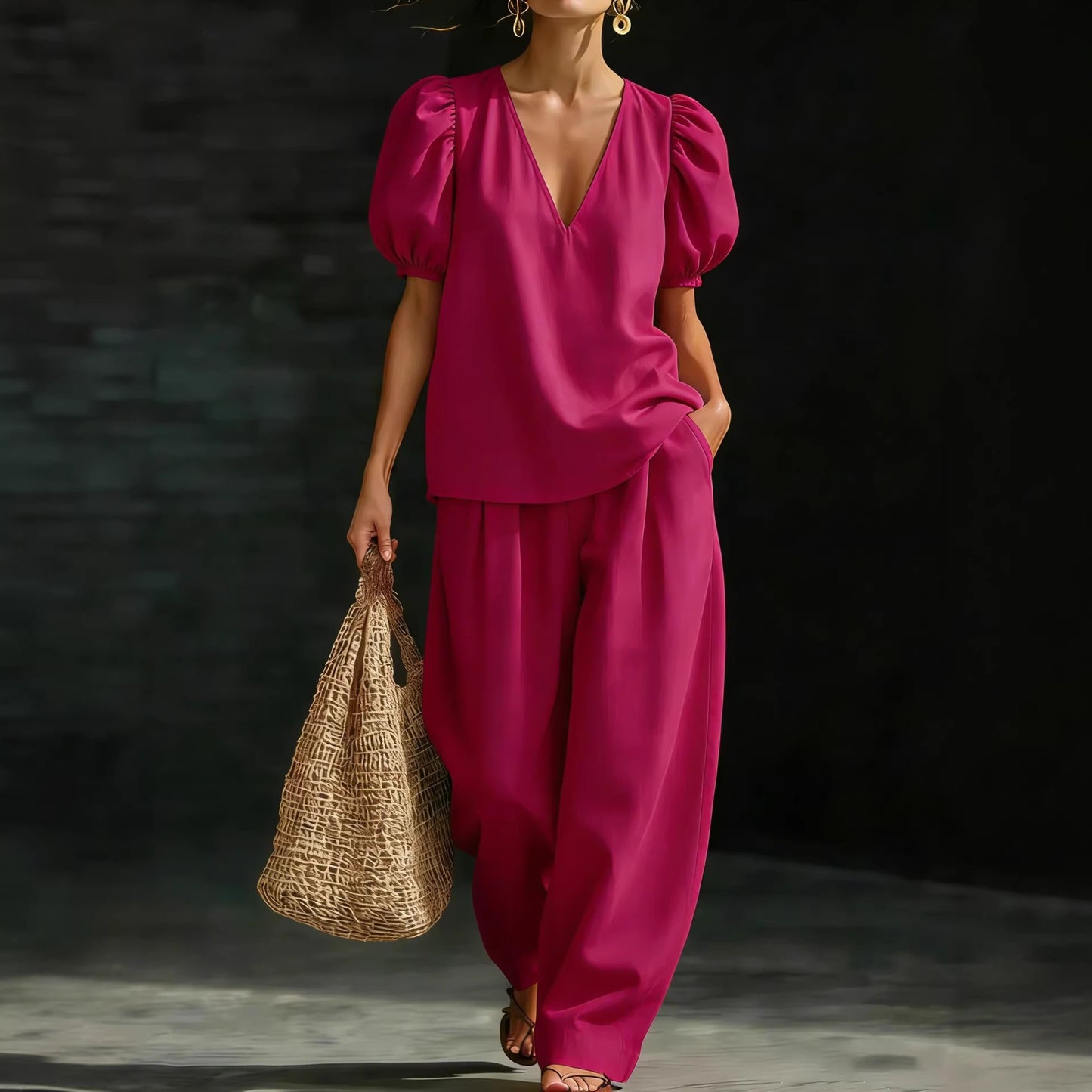 Women's Elegant V-Neck Puff Sleeve Two-Piece Wide Leg Pants Set