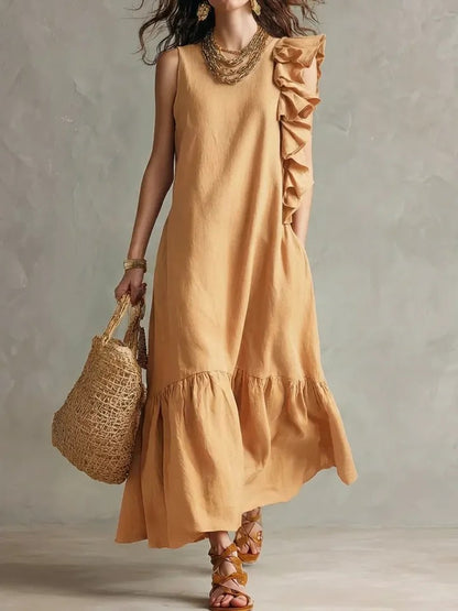 Women's Linen-Blend Asymmetrical Ruffle Maxi Dress