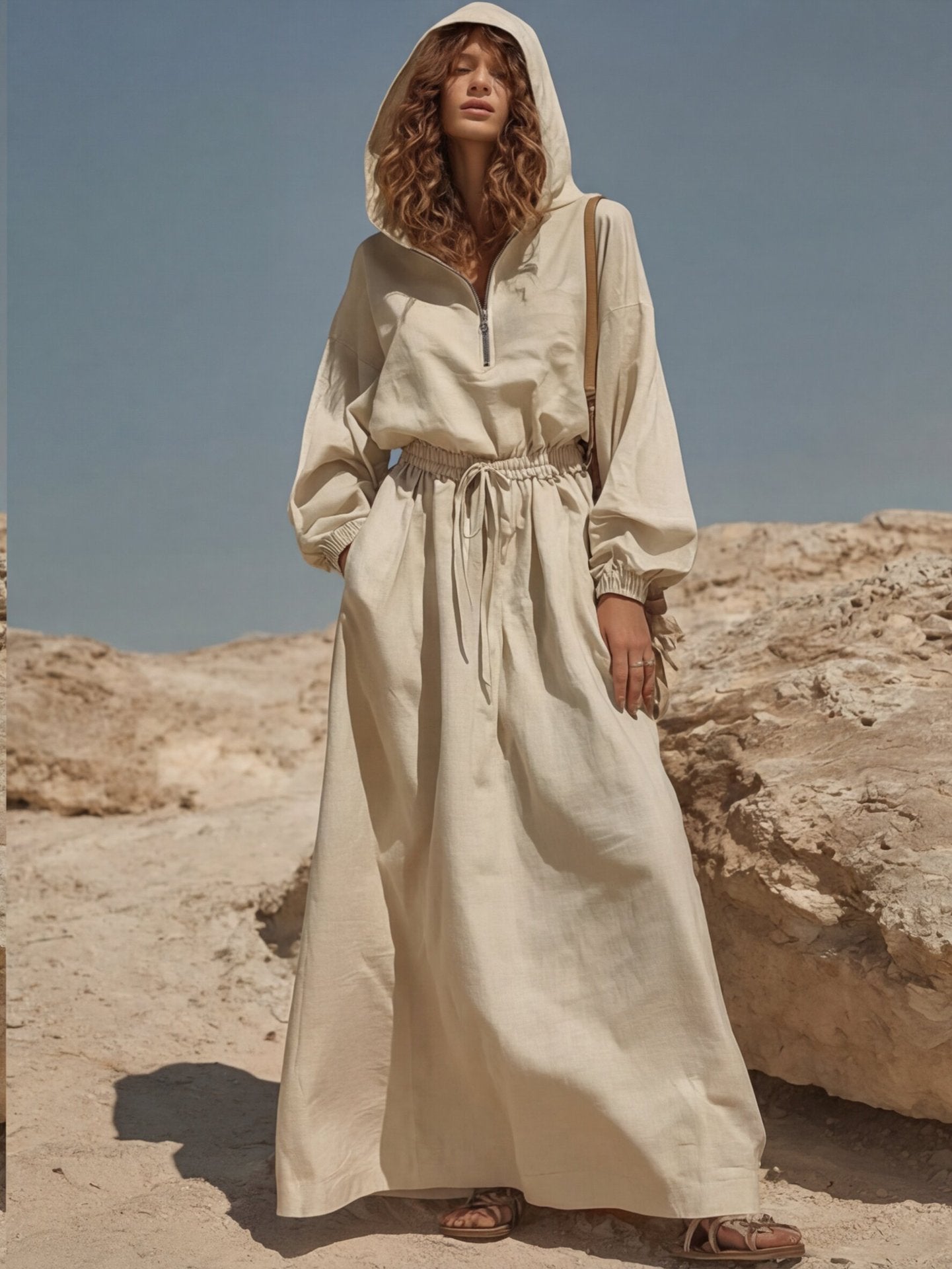 Women's Linen-Blend Hooded Maxi Dress with Half-Zip & Drawstring Waist