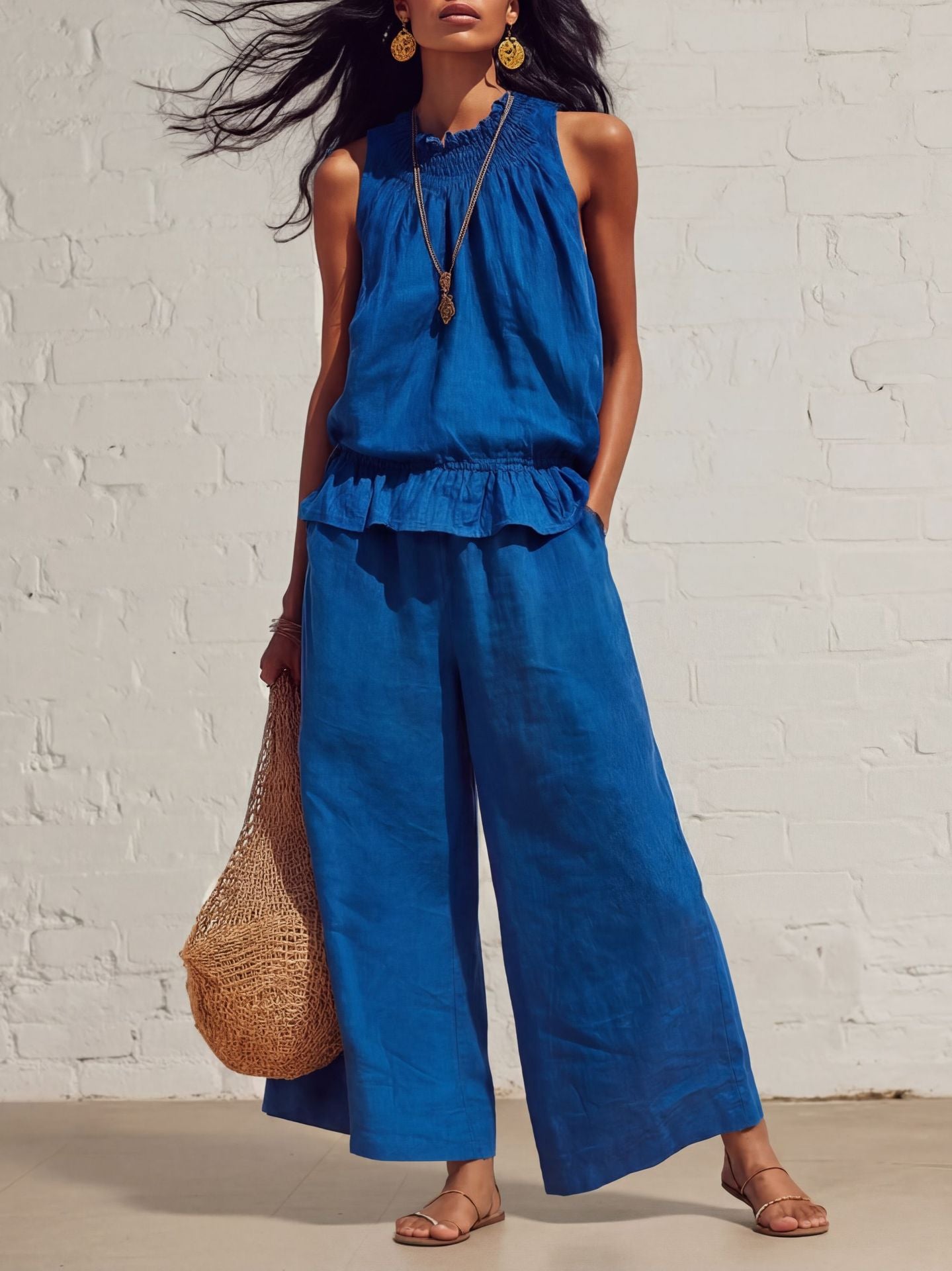 Sleeveless Smocked Linen Two-Piece Set | Ruffle Hem Wide Leg Pants Outfit