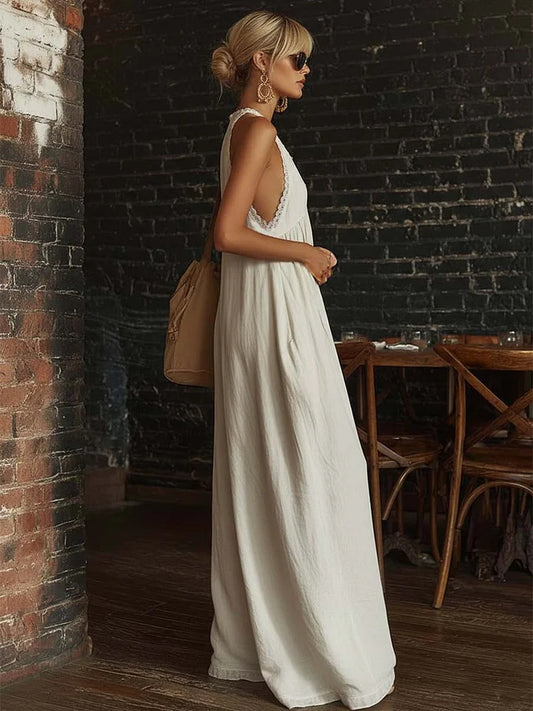 Women's Halter Neck Lace Trim Wide-Leg Jumpsuit
