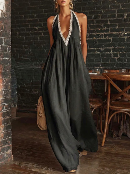Women's Halter Neck Lace Trim Wide-Leg Jumpsuit