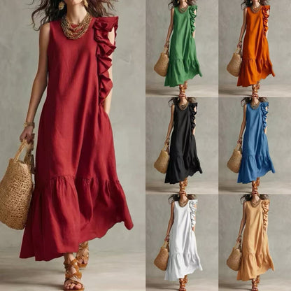 Women's Linen-Blend Asymmetrical Ruffle Maxi Dress