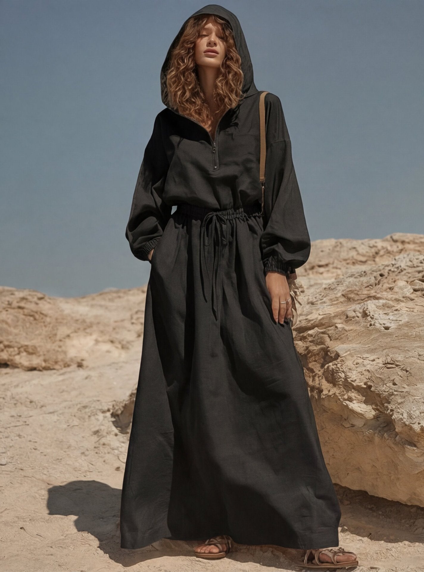 Women's Linen-Blend Hooded Maxi Dress with Half-Zip & Drawstring Waist