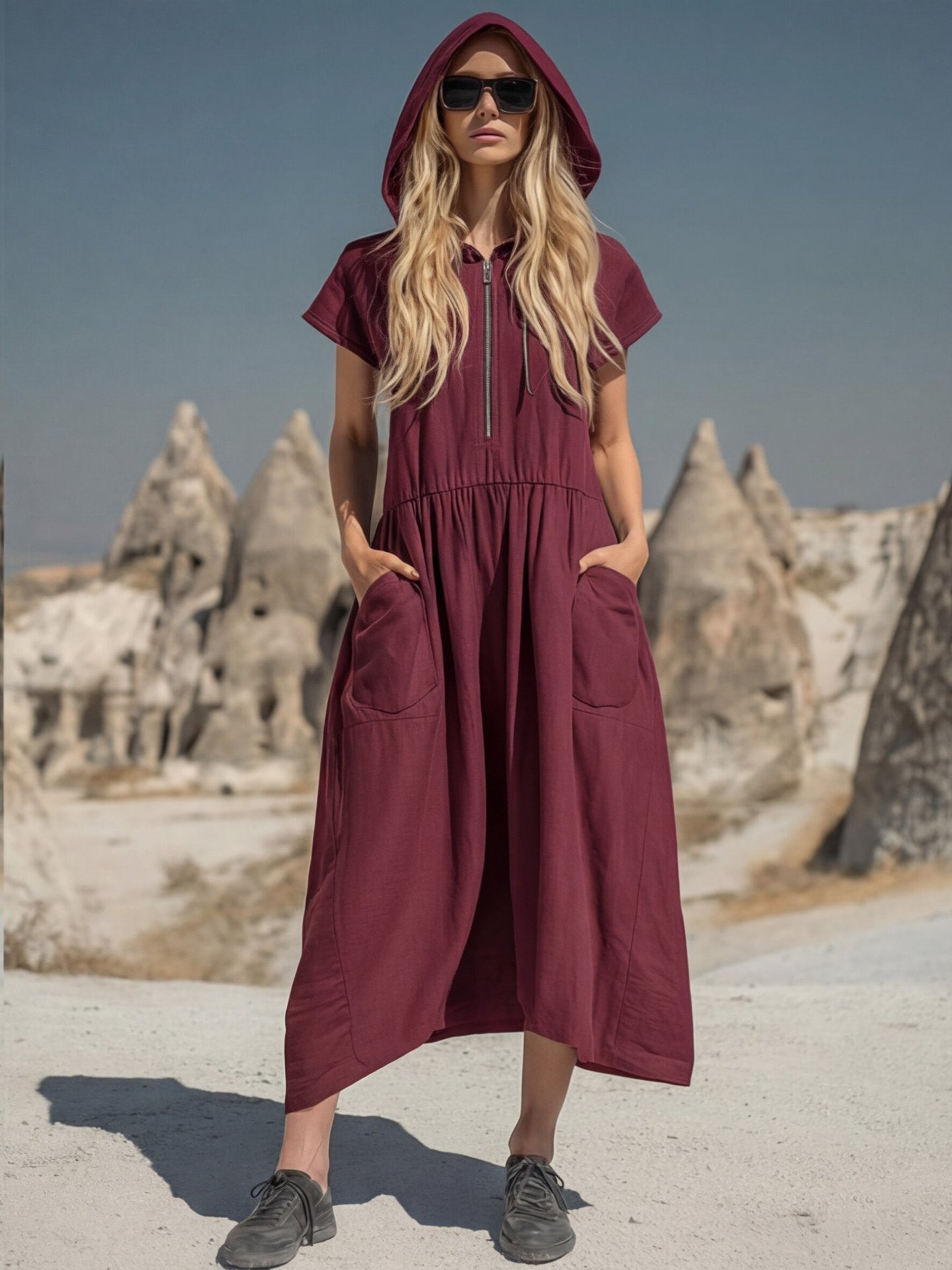 Women's Casual Hooded Midi Dress with Half-Zip & Pockets