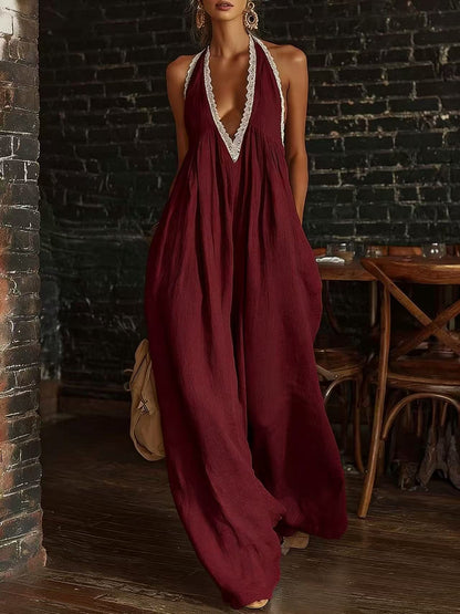 Women's Halter Neck Lace Trim Wide-Leg Jumpsuit