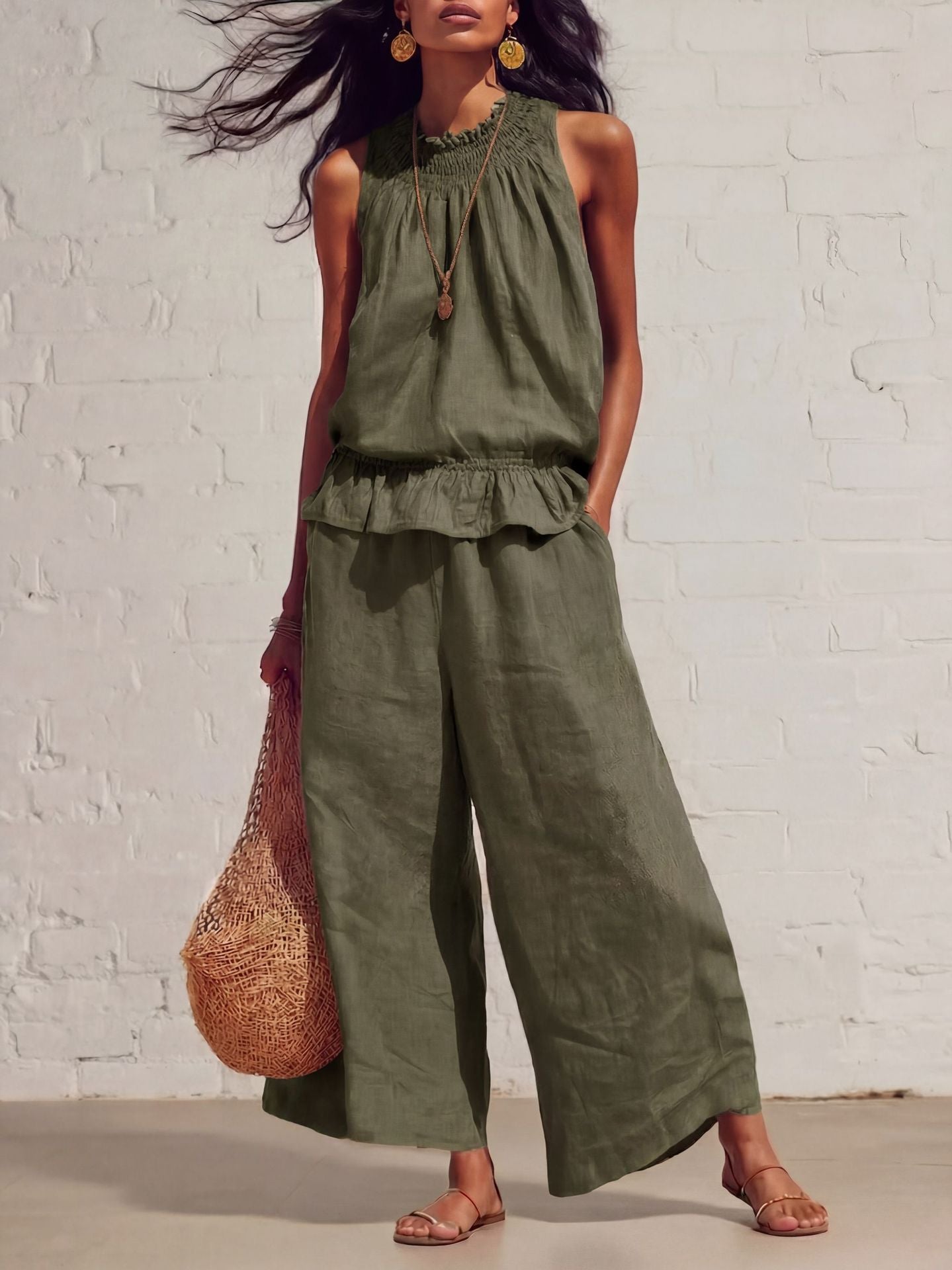 Sleeveless Smocked Linen Two-Piece Set | Ruffle Hem Wide Leg Pants Outfit