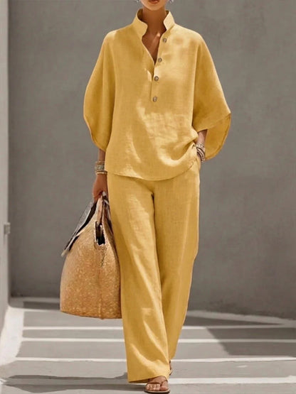 Hot Sales🔥Women's Waffle Two-Piece Set-Casual Shirt & Wide Leg Pants Outfit