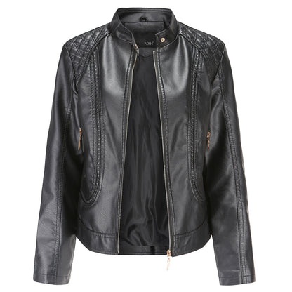 Plaid Decoration Washed PU Leather Jacket