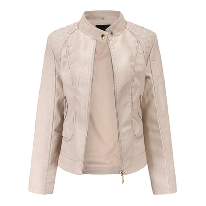 Plaid Decoration Washed PU Leather Jacket