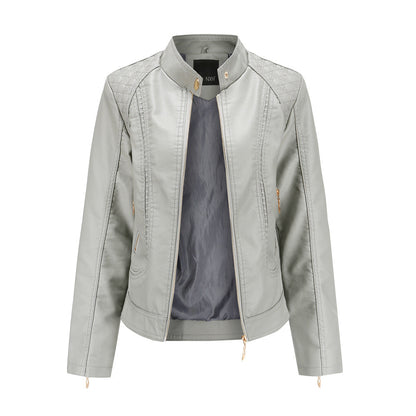 Plaid Decoration Washed PU Leather Jacket