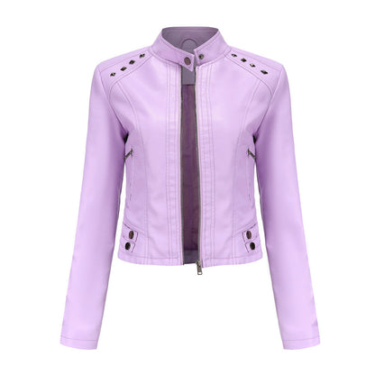 Cropped riveted leather motorcycle jacket