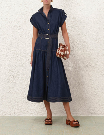 Dark Denim Midi Shirt Dress with Belt & Puff Sleeves