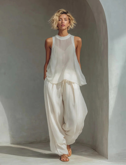 2 Piece White Linen Set - Sleeveless Tank Top & High Waist Wide Leg Pants