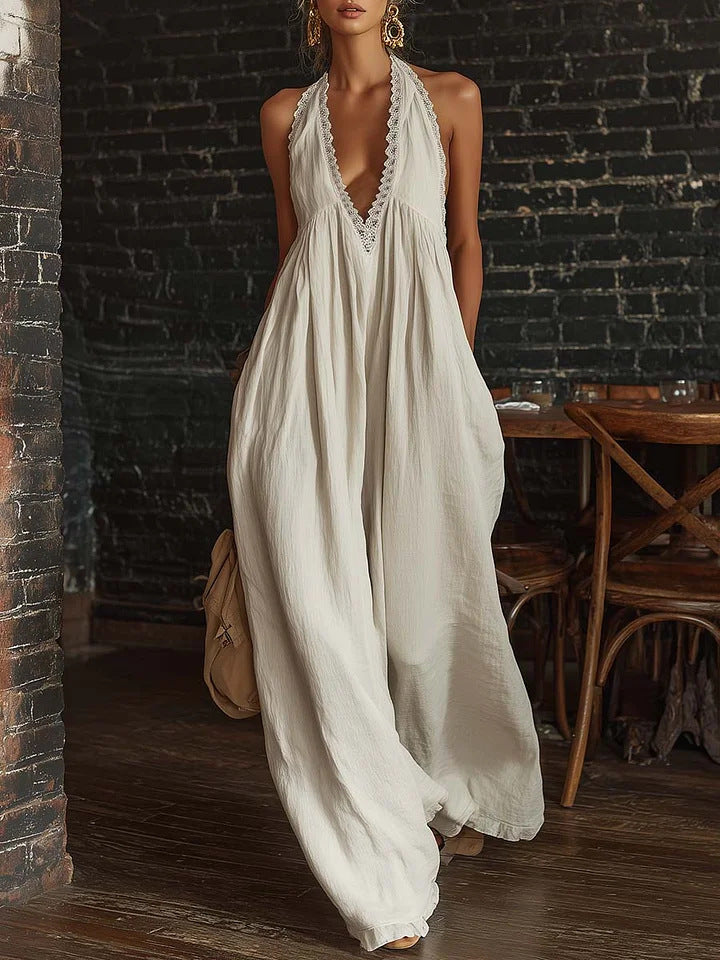 Women's Halter Neck Lace Trim Wide-Leg Jumpsuit