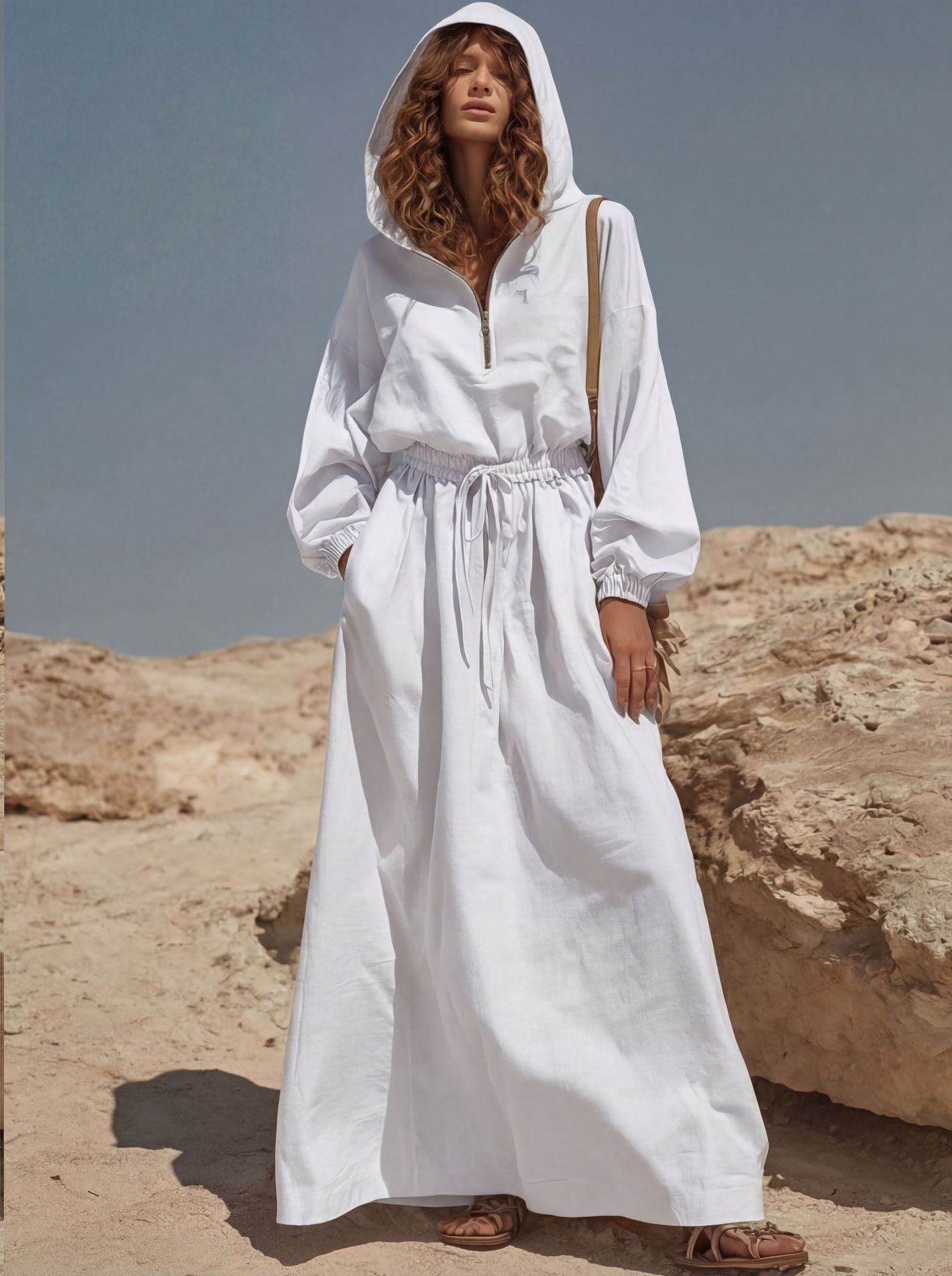 Women's Linen-Blend Hooded Maxi Dress with Half-Zip & Drawstring Waist