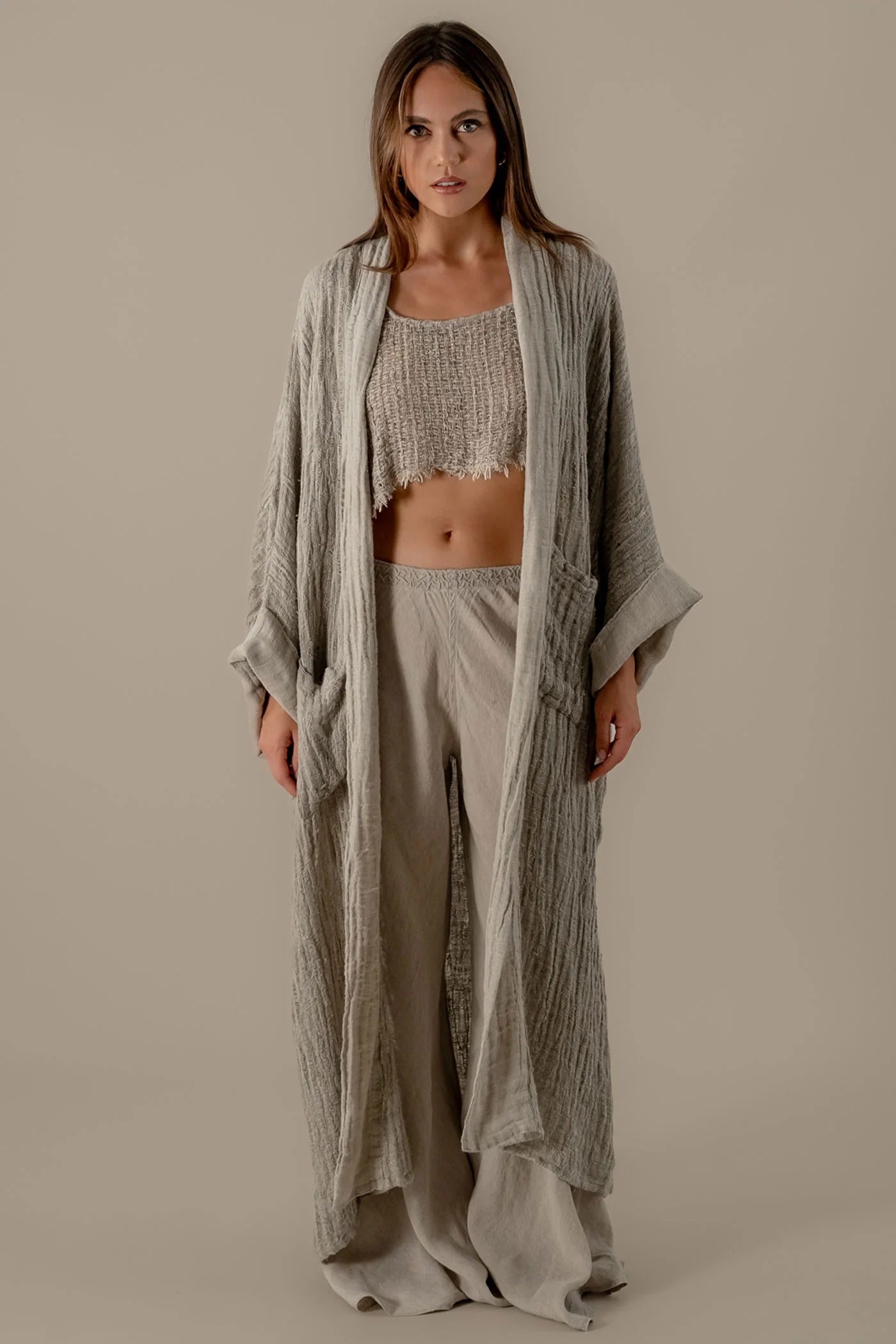 3 Piece Linen Lounge Set Crinkle Kimono Crop Top Wide Leg Pants