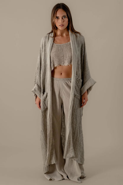 3 Piece Linen Lounge Set Crinkle Kimono Crop Top Wide Leg Pants