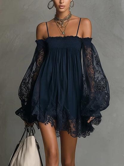 Off-Shoulder Lace Mini Dress with Puff Sleeves