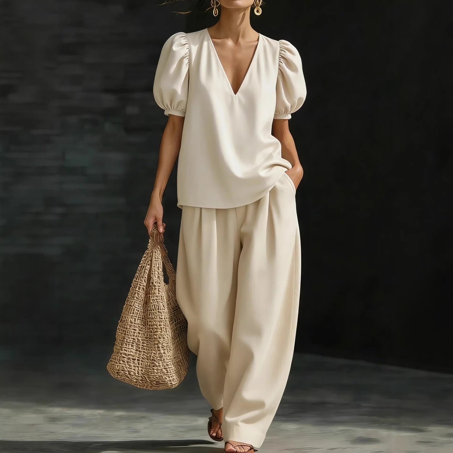 Women's Elegant V-Neck Puff Sleeve Two-Piece Wide Leg Pants Set