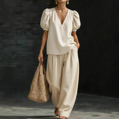 Women's Elegant V-Neck Puff Sleeve Two-Piece Wide Leg Pants Set