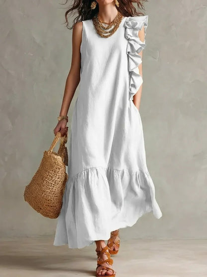 Women's Linen-Blend Asymmetrical Ruffle Maxi Dress