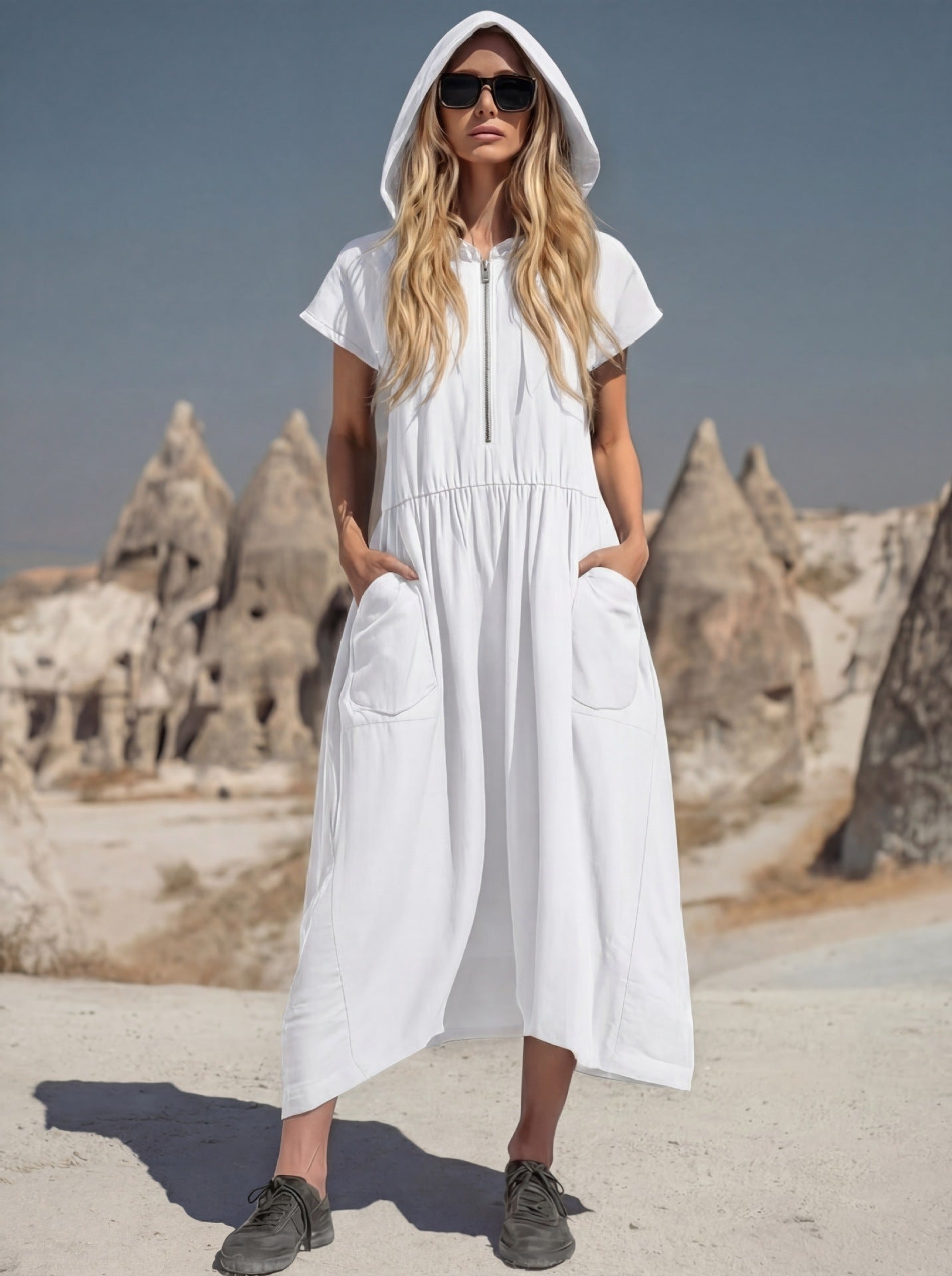 Women's Casual Hooded Midi Dress with Half-Zip & Pockets