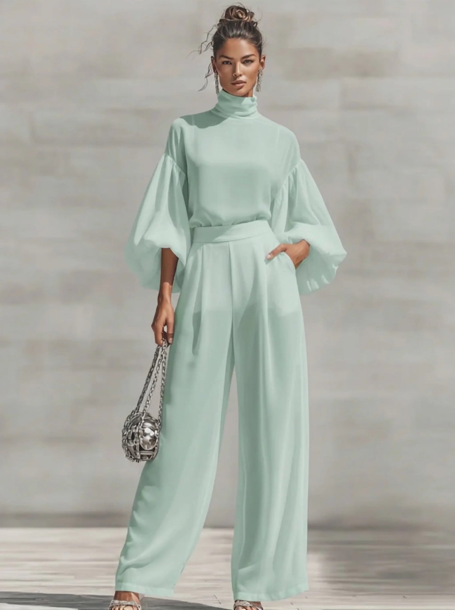 Mint Green 2-Piece Set: Turtleneck Puff Sleeve Top & Wide Leg Pants