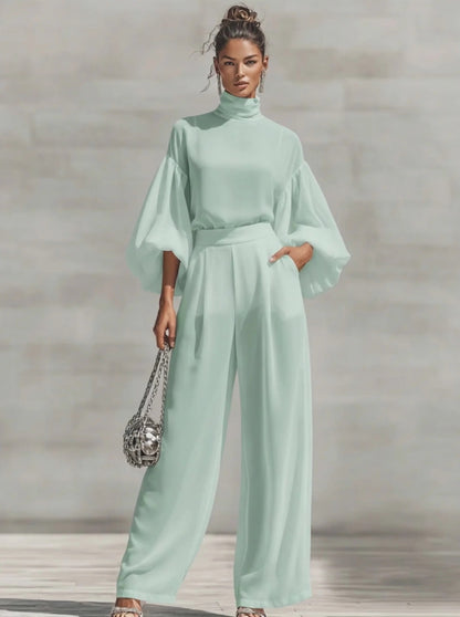 Mint Green 2-Piece Set: Turtleneck Puff Sleeve Top & Wide Leg Pants