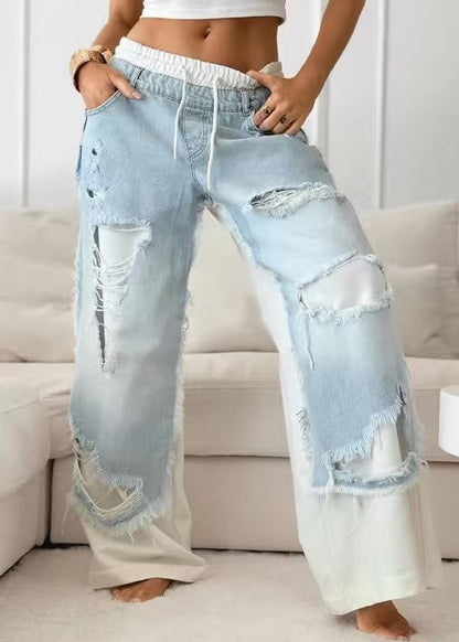 Edgy Color Block Ripped Wide Leg Jeans - Drawstring Waist Patchwork Casual Denim Pants for Street Style