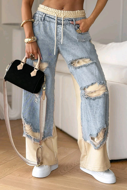 Edgy Color Block Ripped Wide Leg Jeans - Drawstring Waist Patchwork Casual Denim Pants for Street Style