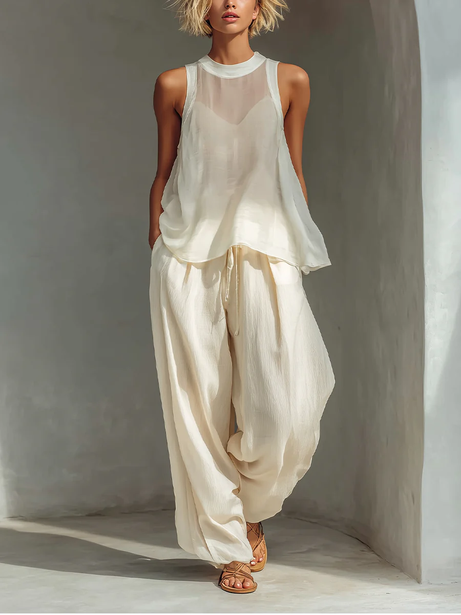 2 Piece White Linen Set - Sleeveless Tank Top & High Waist Wide Leg Pants