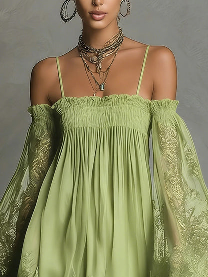 Off-Shoulder Lace Mini Dress with Puff Sleeves