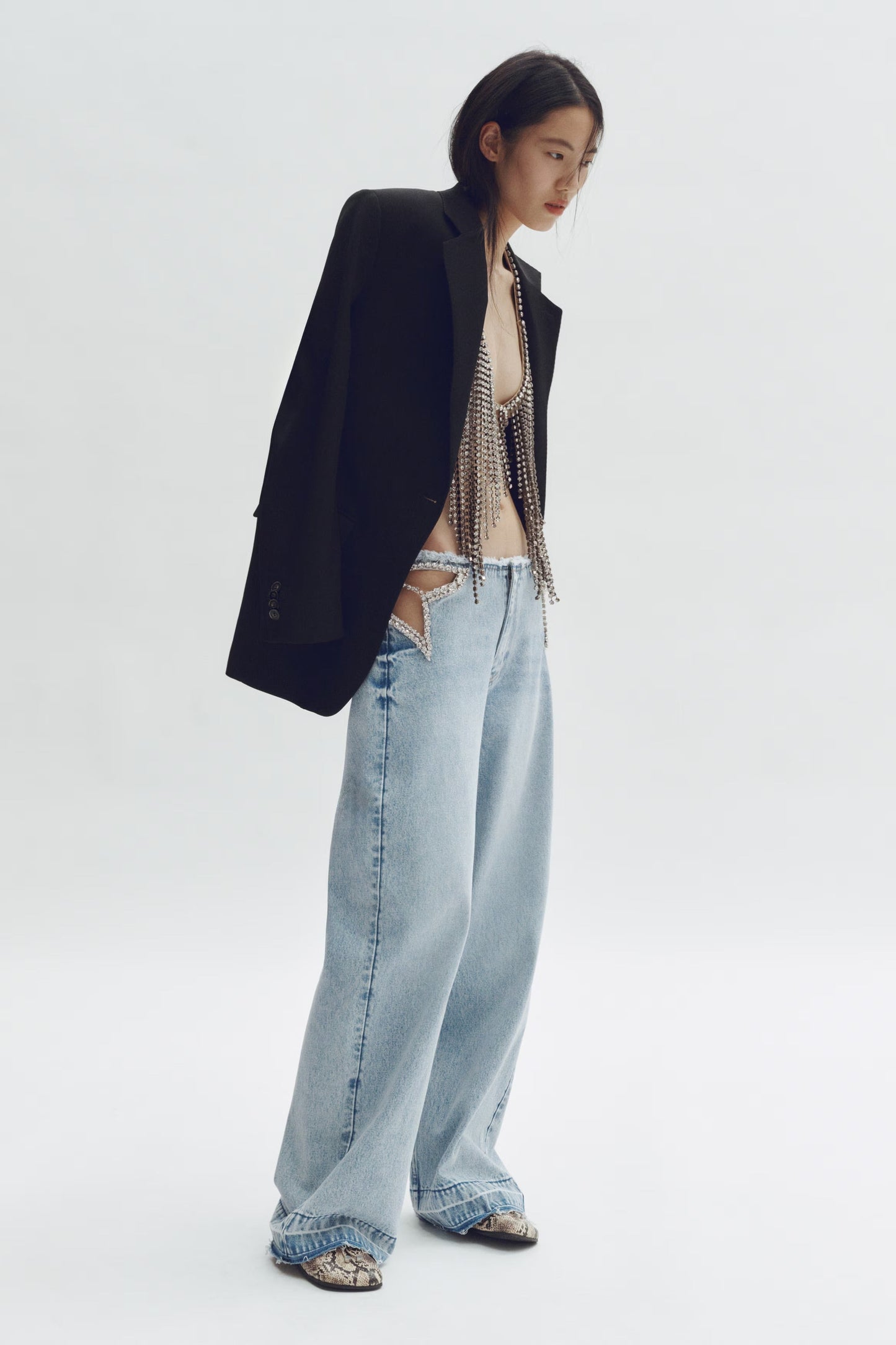 Rhinestone Cutout Wide Leg Jeans