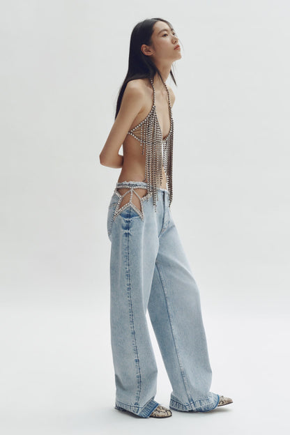 Rhinestone Cutout Wide Leg Jeans