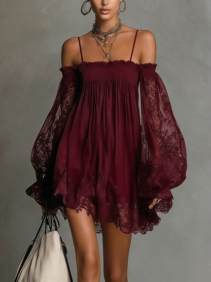 Off-Shoulder Lace Mini Dress with Puff Sleeves