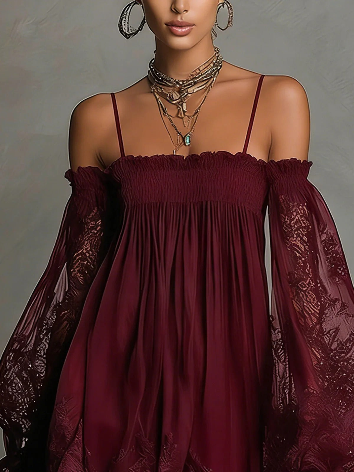 Off-Shoulder Lace Mini Dress with Puff Sleeves