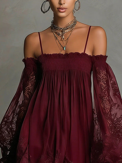 Off-Shoulder Lace Mini Dress with Puff Sleeves